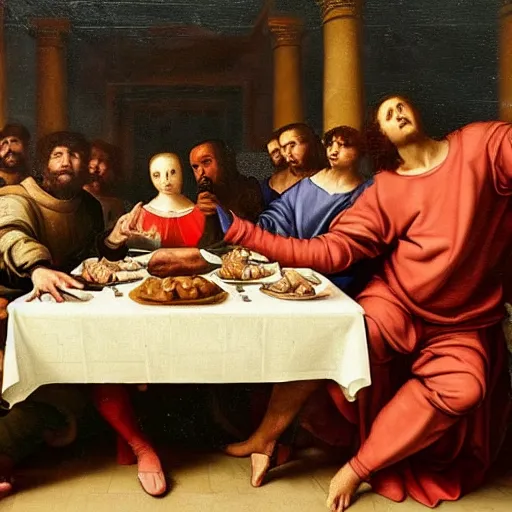 Prompt: a renaissance painting of Kanye and Playboi Carti at the final supper