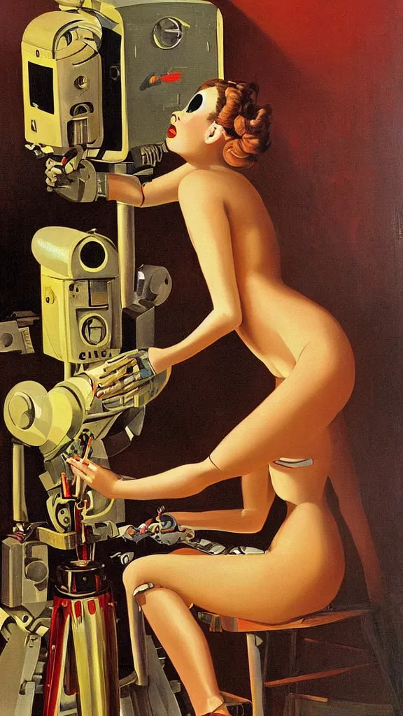 Image similar to robot painting a robot on canvas, intricate, highly detailed, photorealistic, film still, by gil elvgren.