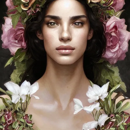 Prompt: Portrait of a Brazilan Supermodel wearing a floral crown, olive skin, long dark hair, beautiful bone structure, white marble background, intricate, elegant, highly detailed, digital painting, artstation, concept art, smooth, sharp focus, illustration, art by artgerm and greg rutkowski and alphonse mucha