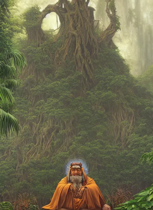 Image similar to a shaman sitting in the jungle, with giant faces of ancestors behind him, hyper detailed, art by christophe vacher