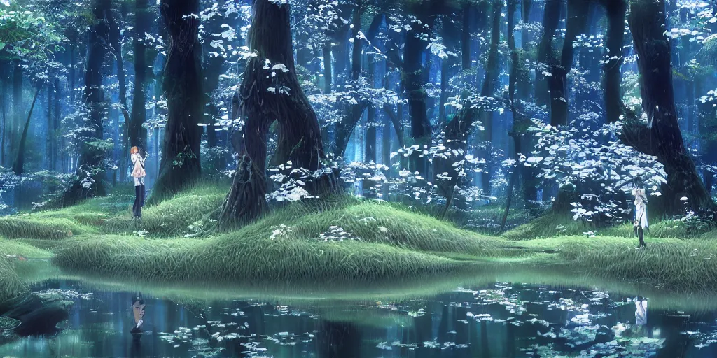 Prompt: jelly fungus spreading over river inside forest, art by makoto shinkai and alan bean, yukito kishiro