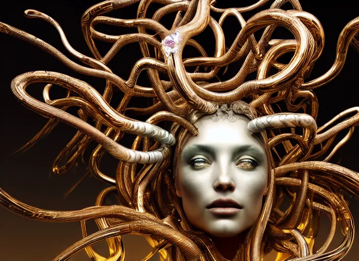 Prompt: beauteous sumptuous medusa, white pearlescent, chrome, iridescent titanium, crystal, liquid gold, copper, bronze, by h. r. giger, cinematic forest lighting, crystalline masterpiece incrustations, hyperdetailed metalwork, in volumetric soft glowing mist, elegant pose, movie still, octane render, unreal engine, crepuscular rays,
