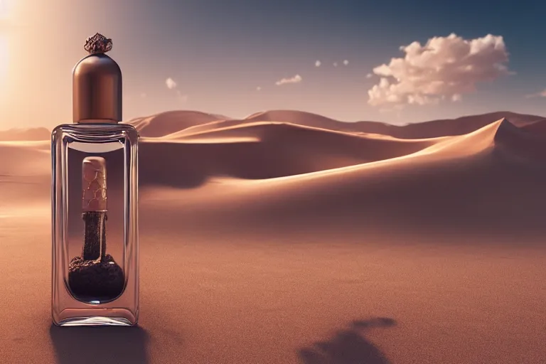 Image similar to perfume bottle buried in oasis in the middle of a desert, dramatic, mid day, sand dune background, large scale, hyperrealistic, lots of detail, realistic lighting, octane render, by wlop, artgerm, trending on artstation