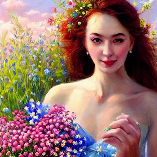 Image similar to a portrait of a romantic woman with flowers grow out of hair, roses peonies forget-me-nots dahlias lupins gladioli, sky theme in background, by Alexandr Averin, Digital Art, Trending on artstation