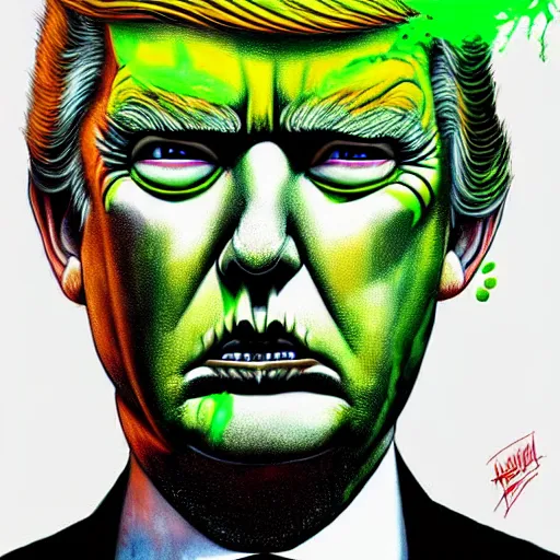 Image similar to a demon slayer portrait of donald trump, tall, pale - skinned, and slender with lime green eyes and long eyelashes by stanley artgerm, tom bagshaw, arthur adams, carne griffiths, trending on deviant art, street art, face enhance, chillwave, maximalist, full of color, glittering