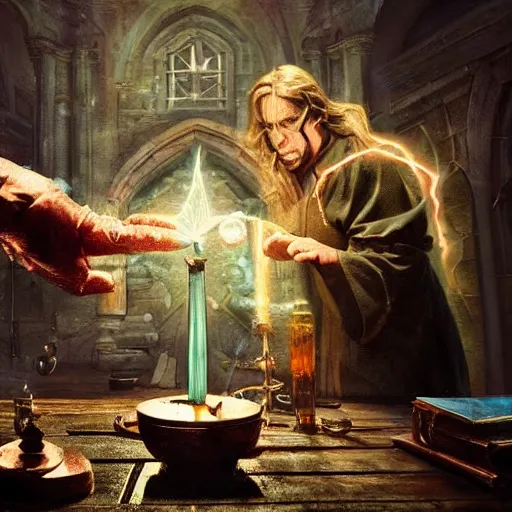 Prompt: a beautiful panting of a dark wizard casting spell, alchemist lab, hyperrealistic, cinematic atmosphere, epic