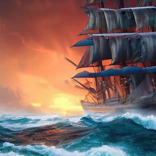 Prompt: a sunset and stormy sea with a giant pirate sailing-warship in style of Aivazovskiy, hypertealistic, high details, cinematic, 8k resolution, beautiful detailed, insanely intricate details, artstation trending, octane render, unreal engine,