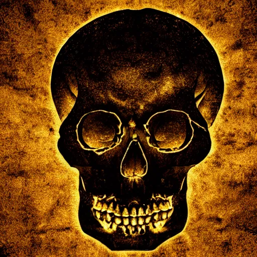 Image similar to a dark ominous chiaroscuro baroque still life photo of a single ray of light shining on a floating golden skull completely engraved in ancient runic inscriptions, messages, prophecies, spells by billelis. ominous darkness background. weirdcore
