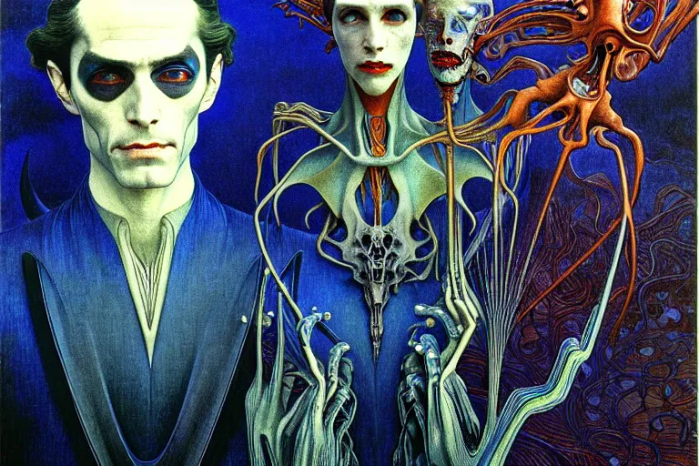 Prompt: realistic extremely detailed portrait painting of an elegantly creepy vampire man in cape, futuristic sci-fi landscape on background by Jean Delville, Amano, Yves Tanguy, Alphonse Mucha, Ernst Haeckel, Edward Robert Hughes, Roger Dean, rich moody colours, blue eyes