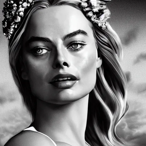 Prompt: margot robbie as a beautiful Greek goddess in the sky, highly detailed, sexy look, detailed face, digital art, trending on artstation, 4k, hd