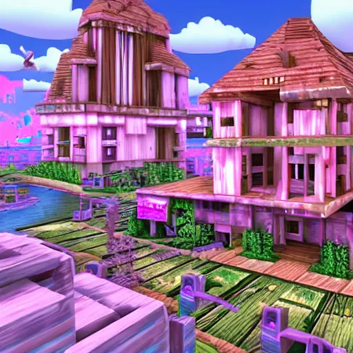 Prompt: ethereal vaporwave wooden village under attack by Duke Nukem