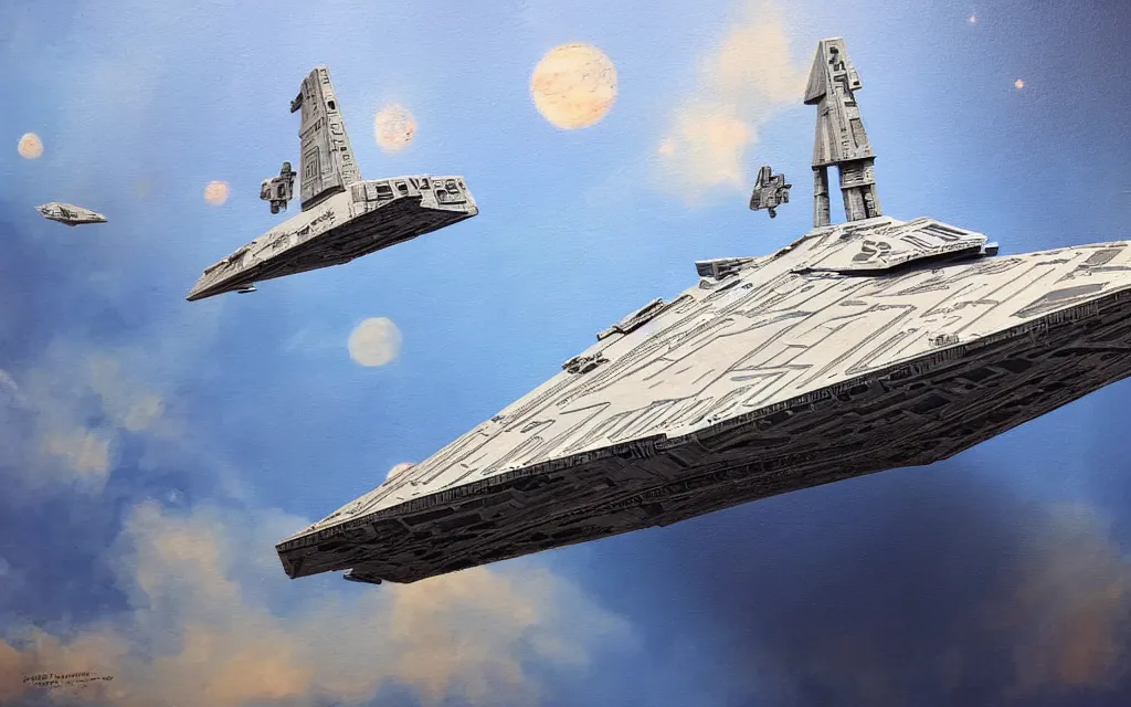 Prompt: star wars star destroyer from star wars flying between the stars inpainting in the paris skies