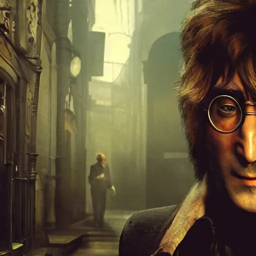 Image similar to john lennon as jack the ripper, ultra realistic, concept art, intricate details, highly detailed, photorealistic, octane render, 8 k, unreal engine, art by frank frazetta, simon bisley, brom