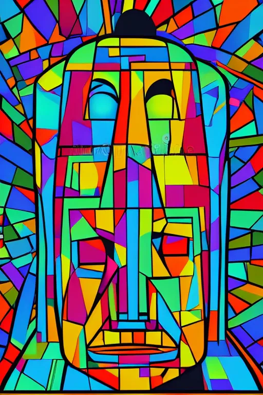 Image similar to abstract moai statue geometric cutout digital illustration cartoon colorful beeple