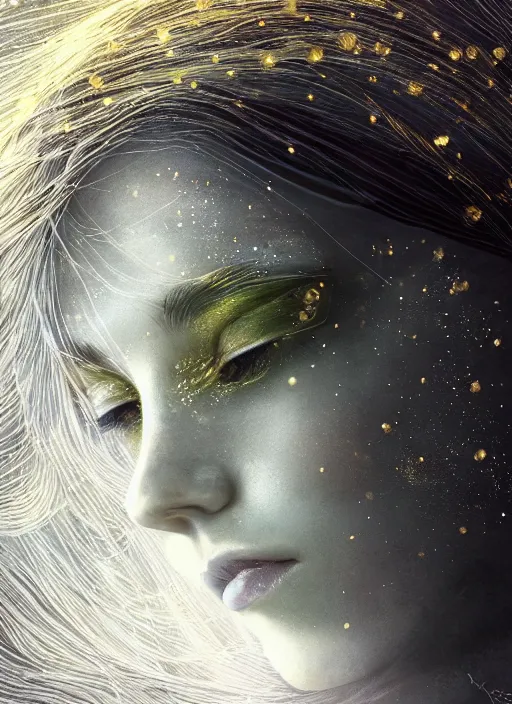 Image similar to glowing silver and golden elements, full close-up portrait, Faye Reagan as a dark witch, book cover, green forest, white moon, red lips, establishing shot, extremly high detail, photo-realistic, cinematic lighting, pen and ink, intricate line drawings, by Yoshitaka Amano, Ruan Jia, Kentaro Miura, Artgerm, post processed, concept art, artstation, matte painting, style by eddie, raphael lacoste, alex ross