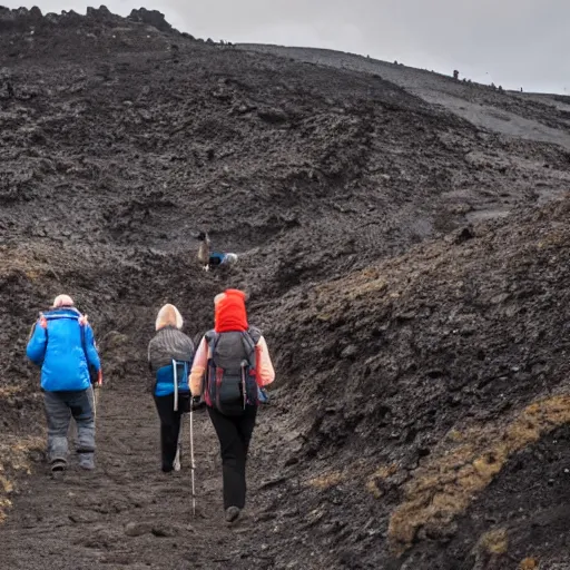 Image similar to photograph of people wearing jeans hiking to a volcano eruption in reykjanes