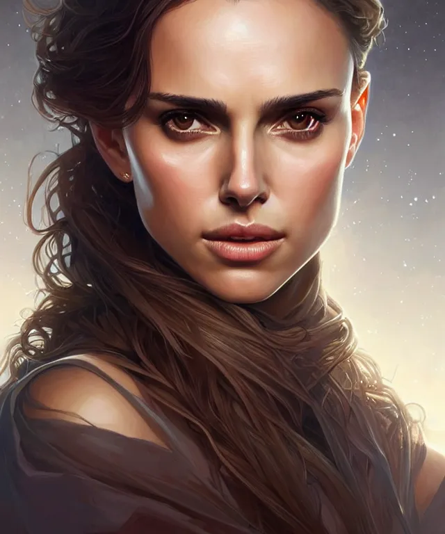 Image similar to half Nathalie portman half jessica alba portrait, sci-fi, amber eyes, beautiful face, appealing long hair, fantasy, intricate, elegant, highly detailed, digital painting, artstation, concept art, smooth, sharp focus, illustration, art by artgerm and greg rutkowski and alphonse mucha