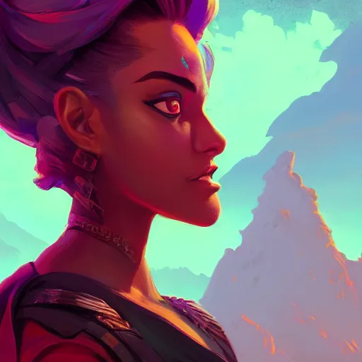 Image similar to side - profile portrait, maya ali mage, gloomhaven, dynamic lighting, gaudy colors, octane render aesthetic, matte painting concept art, official fanart behance hd artstation by jesper ejsing, by rhads and makoto shinkai and lois van baarle and ilya kuvshinov and rossdraw