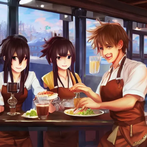 Prompt: A waitress serves food and drink to a group of tavern patrons. Fantasy anime, digital art by WLOP. The waitress is cute and short with long black hair.