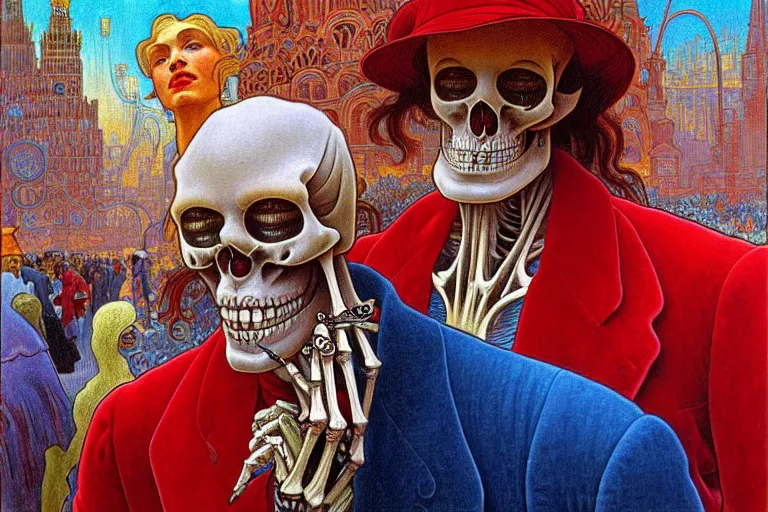 Prompt: realistic detailed closeup portrait painting of a single skeleton wearing red velvet blazer in a crowded futuristic moscow street, no hats by Jean Delville, Amano, Yves Tanguy, Alphonse Mucha, Ernst Haeckel, Edward Robert Hughes, Roger Dean, rich moody colours, blue eyes