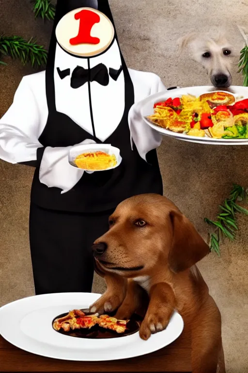 Image similar to a dog - headed waiter holding a plate of food