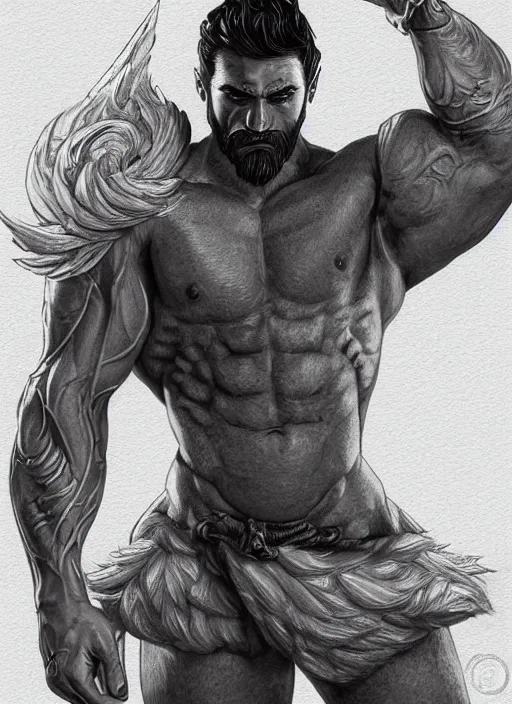 Prompt: a highly detailed illustration of shirtless bearded short haired god, heroically flexing zyzz pose, muscular, intricate, elegant, highly detailed, centered, digital painting, artstation, concept art, smooth, sharp focus, league of legends concept art, WLOP