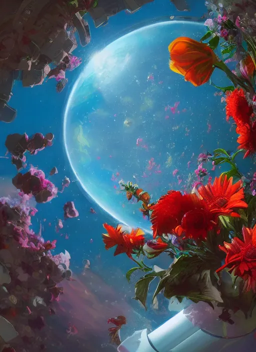 Image similar to An epic fantastic realism comic book style painting of the most beautiful flowers launched into space, bouquets, fisheye lens, unreal 5, DAZ, hyperrealistic, octane render, dynamic lighting