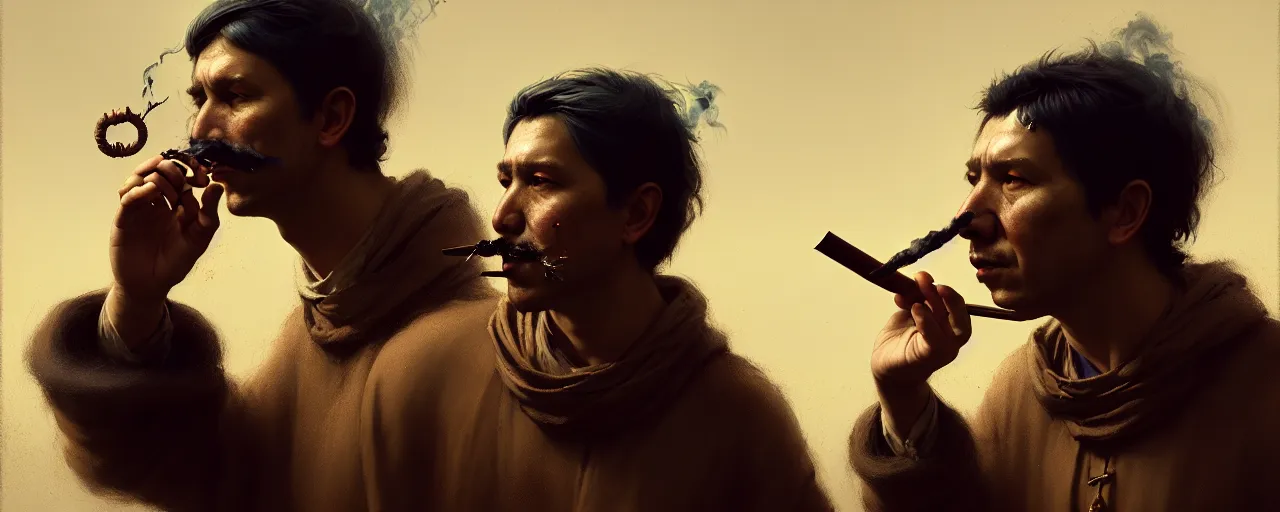 Image similar to duotone concept illustration 3 / 4 portrait of shaman smoking pipe rustical style. cinematic volumentric lighting. accidental renaissance, greg rutkowski, by james gurney, sachin teng, sergey koleso, ruan ji, digital art, scifi, fantasy, hyper detailed. octane render. concept art. trending on artstation