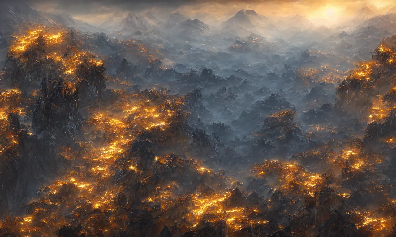 Image similar to breathtaking detailed digital painting of an aerial view of luxurious nature, mountains rocks at dawn with intricate ribbons and golden petals flying, with moody dark tumultuous clouds, by dao trong le, artstation, concept art, matte, 8 k,