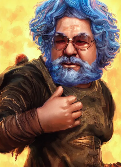 Prompt: An epic fantasy comic book style portrait painting of Jerry Garcia, fisheye lens, unreal 5, DAZ, hyperrealistic, octane render, cosplay, RPG portrait, dynamic lighting