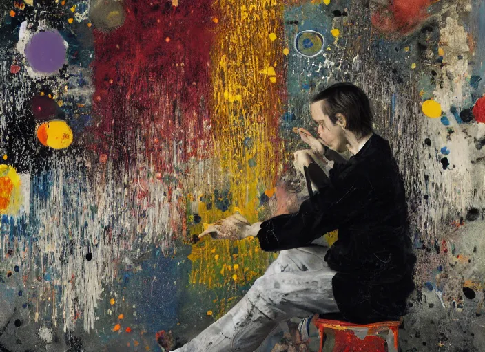 Prompt: portrait of a young violinist sitting on a stool meditating, painted by vincent lefevre and hernan bas and pat steir and hilma af klint, psychological, symmetrical face, dripping paint, washy brush, background with hundreds of bubbles of memories by andreas gursky, rendered in octane, altermodern, masterpiece