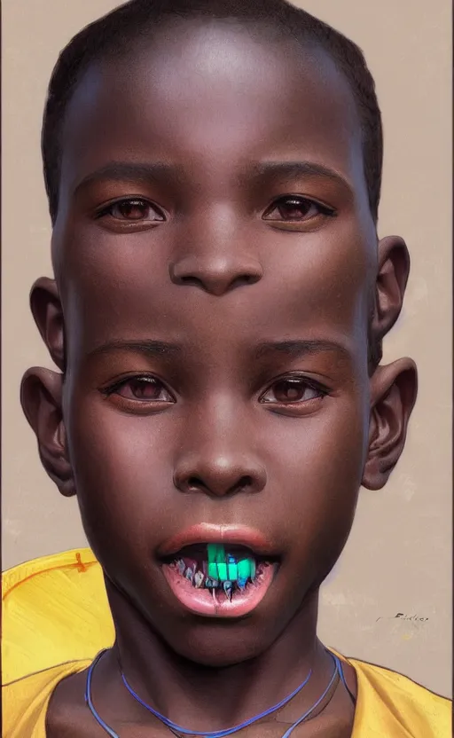 Image similar to colourful upper half portrait of an african boy with sliver teeth grillz, art by hsiao - ron cheng & alphonse mucha, highly detailed, digital painting, ray tracing, concept art, illustration, smooth sharp focus, intricate, symmetry, artstation,