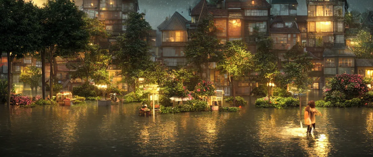 Image similar to carriership landing on raining night at flooded miniature city, emotion is on the rise on the town, cute style garden, octane render, trees, evergreen, patio, garden, wet atmosphere, tender, soft light misty yoshitaka amano, and artgerm, pixel art