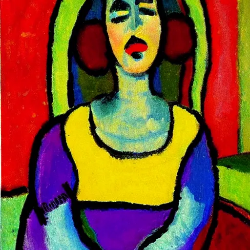 Prompt: representation of a beautiful girls in her room in the style of Alexej von Jawlensky, Russian painter