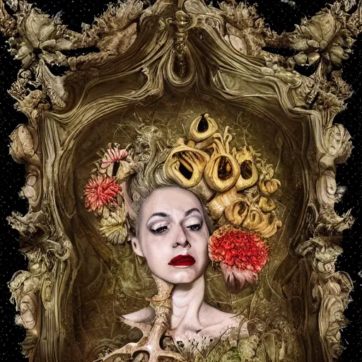 Image similar to a beautiful detailed front view baroque portrait of a rotten woman corpse with fractal plants and fractal flowers and mushrooms growing around, intricate, ornate, bones, volumetric light, beautiful lit, polaroid photography