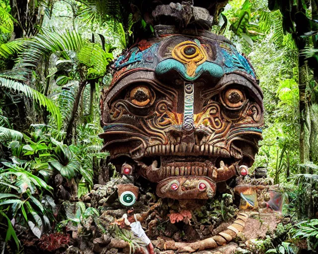 Image similar to mayan jaguar warrior exploring an alien garden las pozas, 1 9 7 0's sci - fi, lofi technology, deep aesthetic colors, 8 k, highly ornate intricate details, extreme detail,