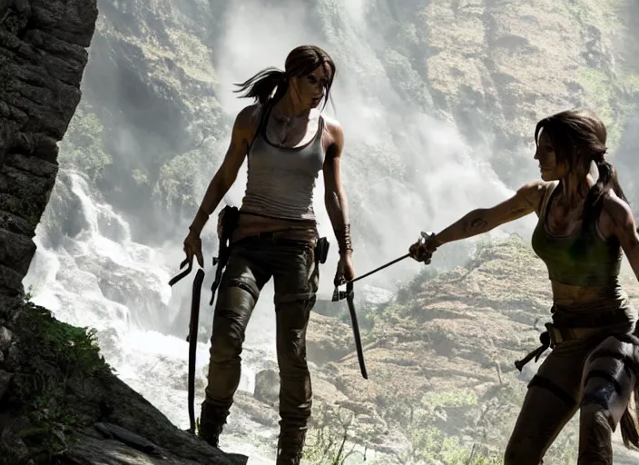 Prompt: film still of!!!! jared leto jared leto jared leto jared leto!!! as lara croft in new tomb raider movie, 8 k