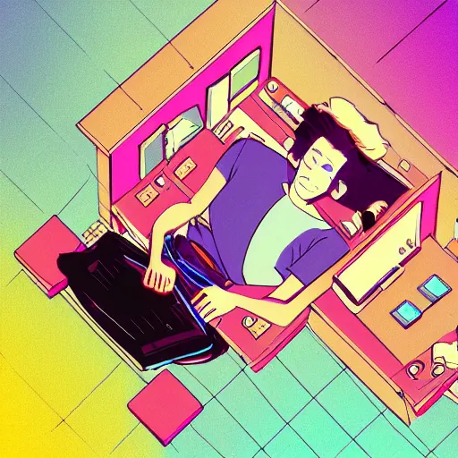Prompt: aerial view photo of a guy laying on the floor of his bedroom looking at the camera, synthwave colors, computer, cell phone, video games, tv, knick knacks, faded effect, scribble anime, light, bright, no shadows, by moebius