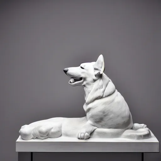 Image similar to statue of a Corgi dog, white marble, studio lighting, by Gian Lorenzo Bernini