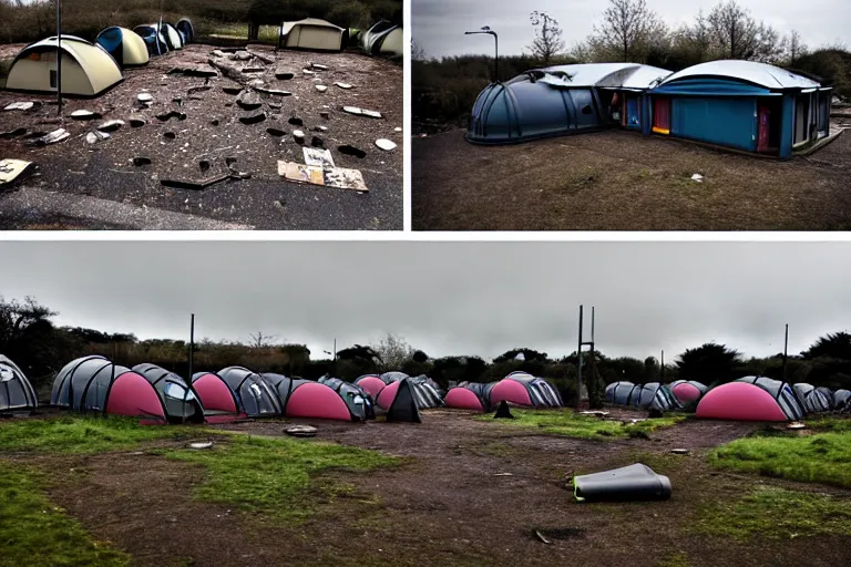 Image similar to post apocalyptic over grown leisure centre being used as shelter, night time, barrel fires and tents