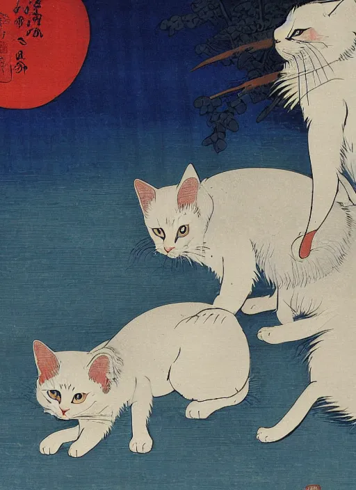 Image similar to whitecat with 2 baby white cats of utagawa hiroshige, digital painting 4 k uhd image, highly detailed