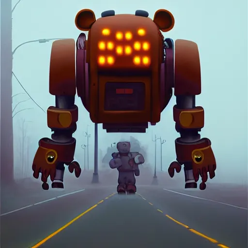 Image similar to a giant freddy fazbear robot animatronic bear in the middle of a foggy street, award - winning art by simon stalenhag, trending on artstation