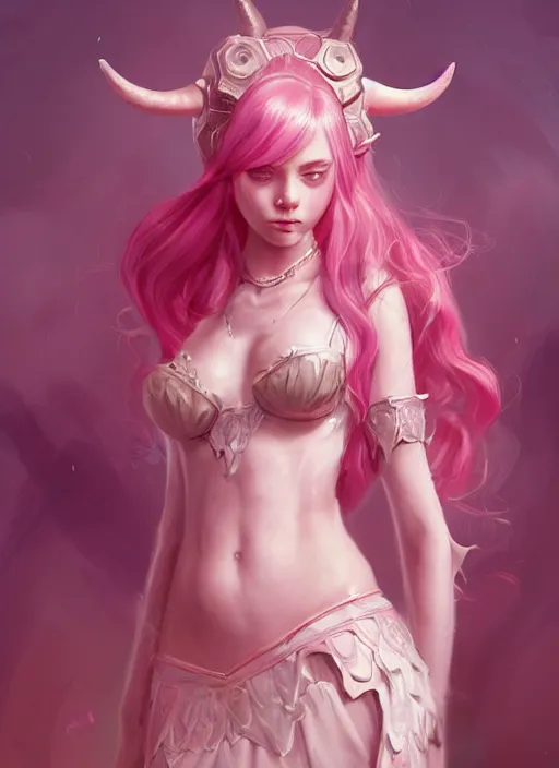 Prompt: a highly detailed illustration of cute smug pink haired pale girl with horns wearing pink dress, dramatic smirk pose, intricate, elegant, highly detailed, centered, digital painting, artstation, concept art, smooth, sharp focus, league of legends concept art, wlop.