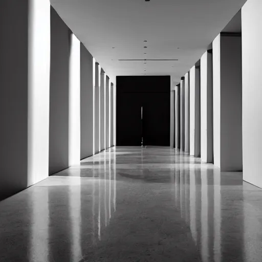Image similar to underground liminal space, stucco walls, shiny floors, minimalist, stunning, light and shadows, catwalks