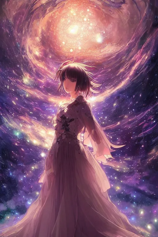 Image similar to anime key visual of a beautiful girl wearing a dress made of stars and nebulae, dramatic, volumetric lighting, planets in the background, intricate, magical forest, stunning, highly detailed, digital painting, artstation, smooth, hard focus, illustration, art by artgerm and greg rutkowski and alphonse mucha