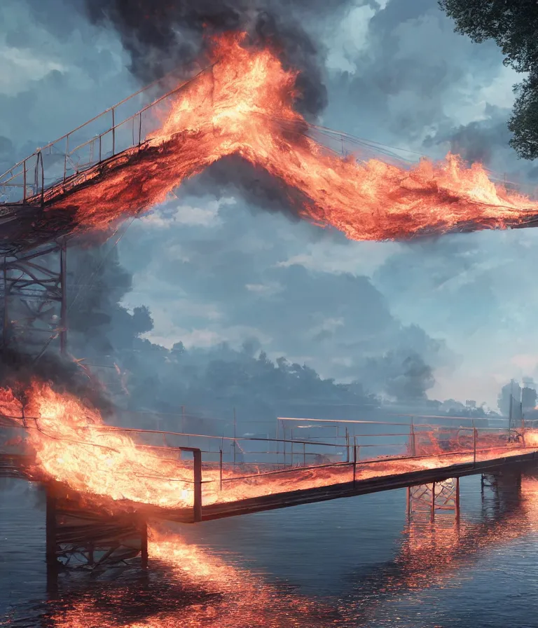 Image similar to a beautiful hyperrealistic detailed 3D render of a burning bridge, by Anton Otto Fischer, Atey Ghailan, genzoman, unreal engine, octane render, gigantic, 3D, brilliantly coloured, intricate, ultra wide angle, trending on artstation, embers, smoke, dust, dusk, volumetric lighting, HDR, polished, micro details, ray tracing, 8k