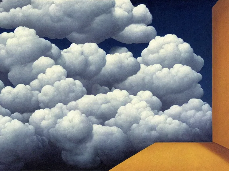 Prompt: room full of clouds, painting by rene magritte, centered, high detail, high resolution