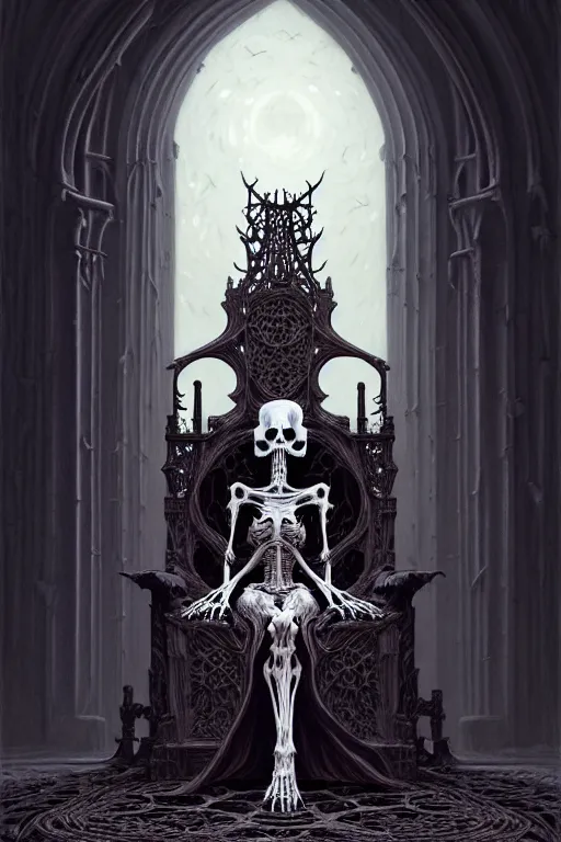 Image similar to an illustration of the blind bone goddess on her throne of bones, full figure, intricate, gothic, highly detailed, digital painting, trending on artstation, smooth, sharp focus, illustration, art by greg rutkowski, loish, rhads, makoto shinkai and lois van baarle, ilya kuvshinov, rossdraws