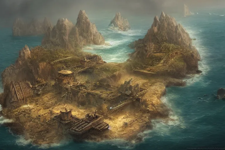 Prompt: an intricate matte painting of top down illustration of a pirate island navy battle map,very clear image, no blur, by Christophe Vacher and Bastien Lecouffe-Deharme, artstation