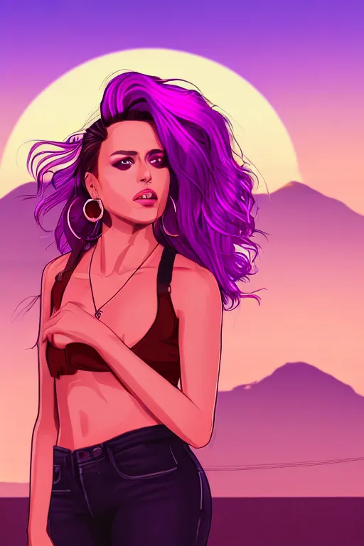 Image similar to a stunning GTA V loading screen with a beautiful woman with ombre purple pink hairstyle, hair blowing in the wind, hoop earrings, sunset mood, outrun, vaporware, retro, digital art, trending on artstation